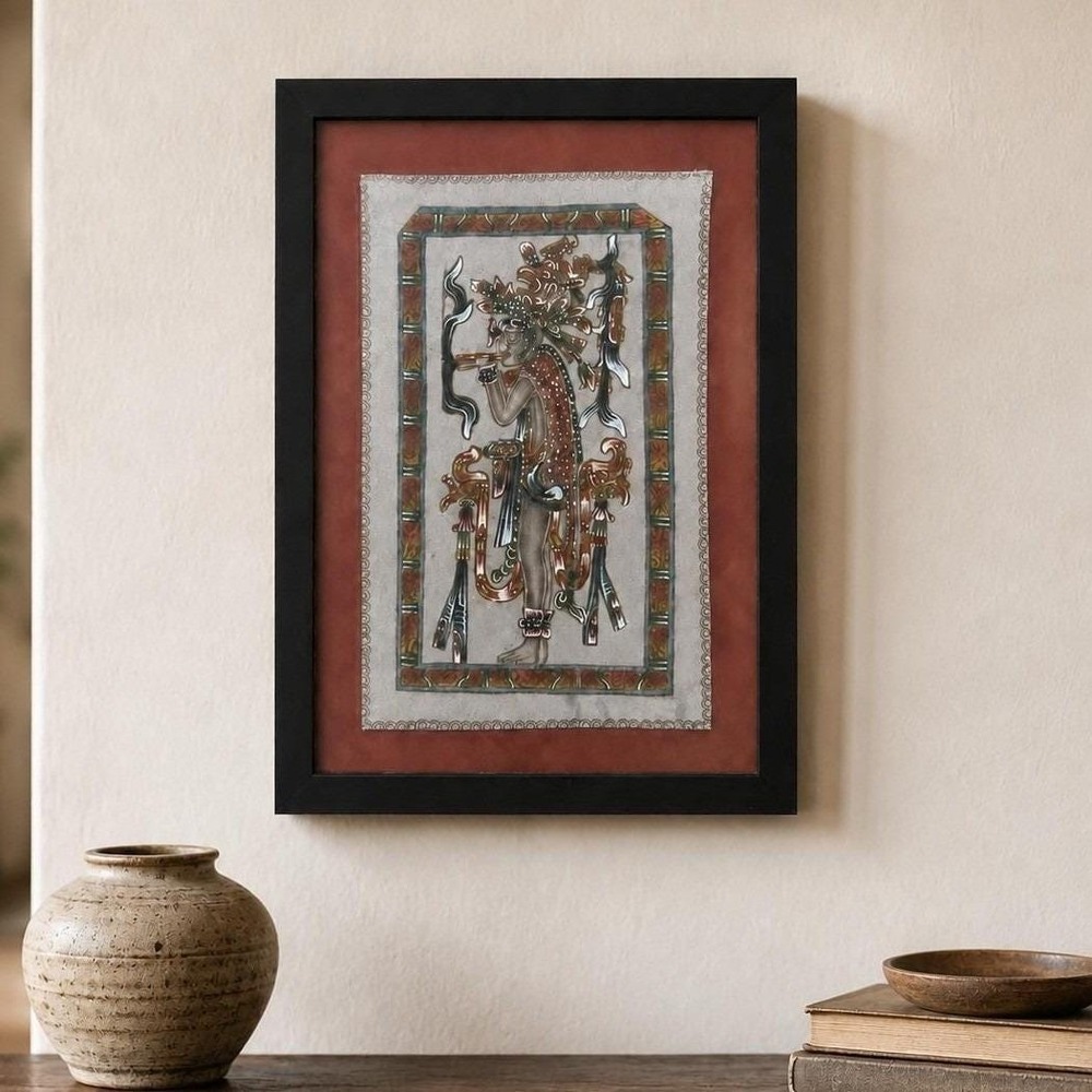 Framed Maya Lord Painting on Fabric - Mixed Media Folk Art - Boho Wall Decor